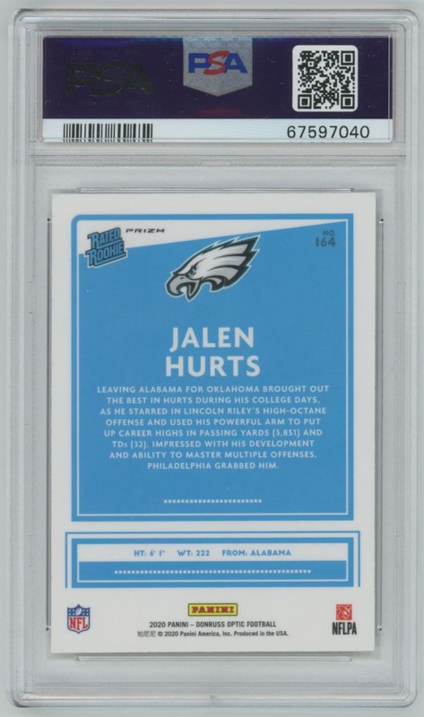 2020 Donruss Optic Rated Rookies Holo Jalen Hurts Eagles #164 PSA 10 view 2