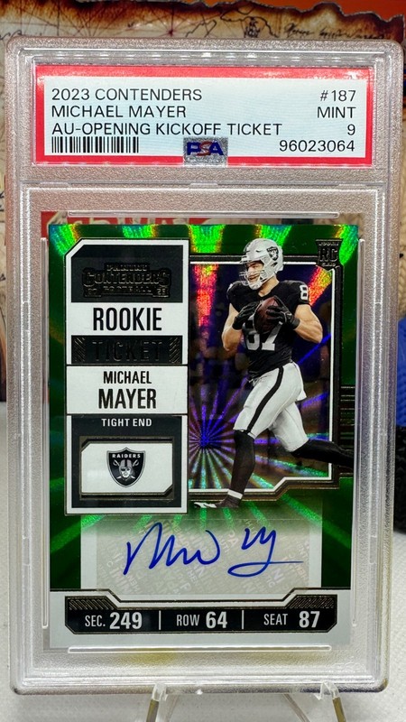 2023 Contenders Michael Mayer Rookie Auto Opening Kickoff Ticket PSA 9