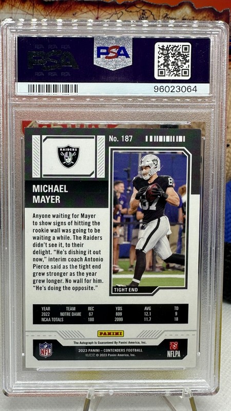 2023 Contenders Michael Mayer Rookie Auto Opening Kickoff Ticket PSA 9 view 2