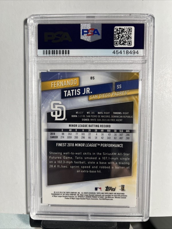 2019 Finest Fernando Tatis Jr. RC Rookie #85 Padres PSA 10 view 2
