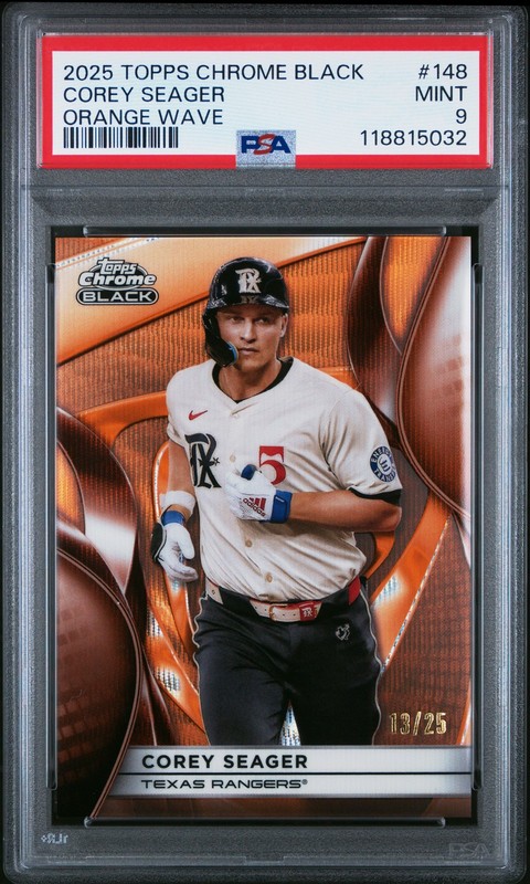 PSA 9 2025 Topps Chrome Black #148 Corey Seager Texas Rangers ORANGE WAVE #/25 view 1