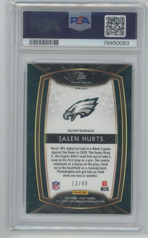 2020 Panini Select Red Prizm Jalen Hurts 13/49 Philadelphia Eagles #250 PSA 10 view 2