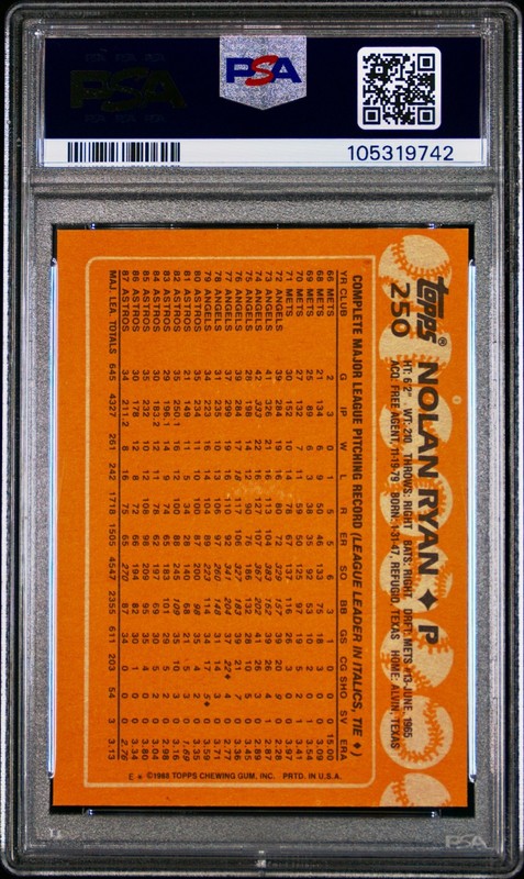 🔥 1988 Topps - NOLAN RYAN #250 (HOF) - PSA 9!! view 2