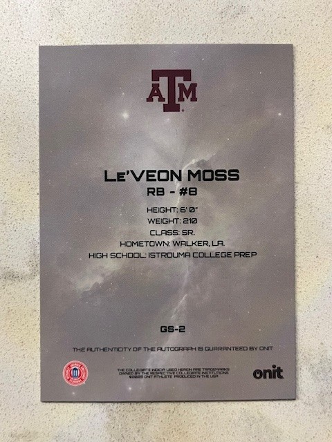 LE'VEON MOSS 2025 Onit Gravity Texas A&M Football GOLD On Card AUTO #'d 1/1 view 2