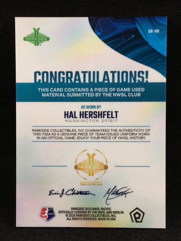 Hal Hershfelt 2025 Parkside NWSL Pacific GAME USED MATCH WORN Jersey Relic D view 2