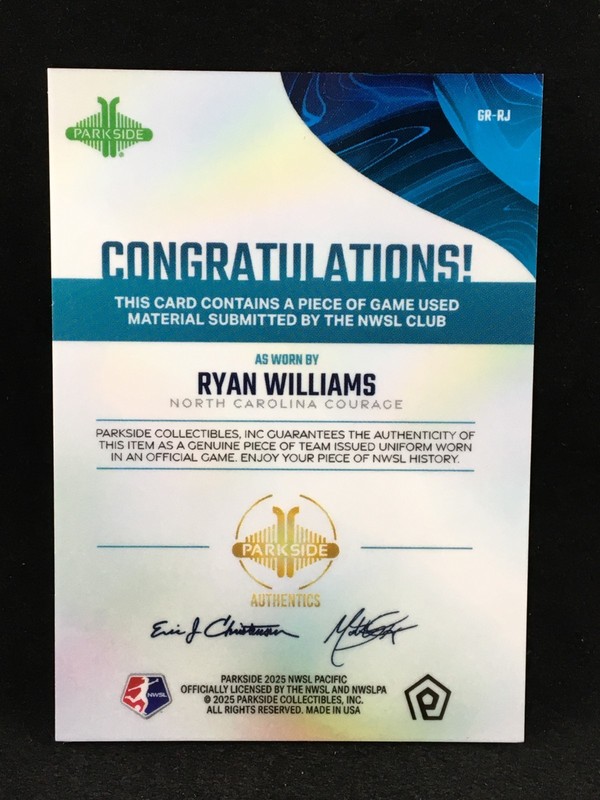 Ryan Williams 2025 Parkside NWSL Pacific GAME USED MATCH WORN Jersey Relic B view 2