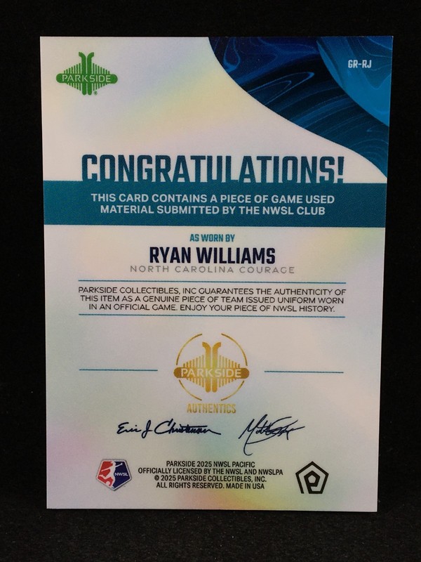 Ryan Williams 2025 Parkside NWSL Pacific GAME USED MATCH WORN Jersey Relic C view 2