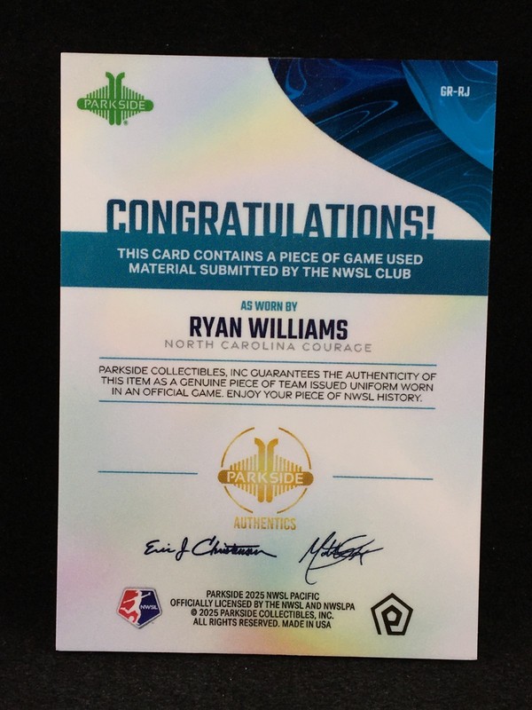 Ryan Williams 2025 Parkside NWSL Pacific GAME USED MATCH WORN Jersey Relic D view 2