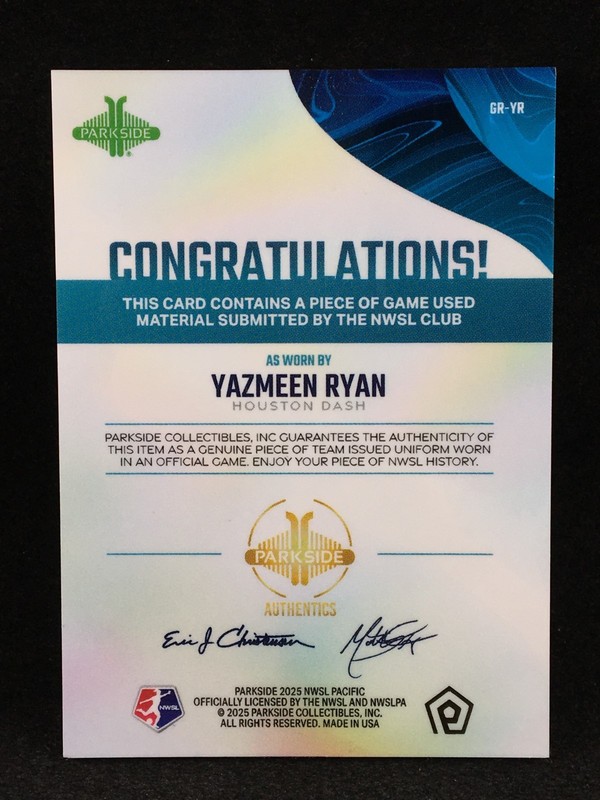 Yazmeen Ryan 2025 Parkside NWSL Pacific GAME USED MATCH WORN Jersey Relic C view 2