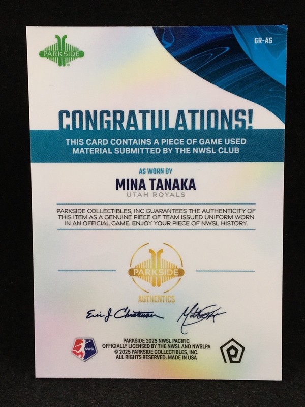 Mina Tanaka 2025 Parkside NWSL Pacific GAME USED MATCH WORN Jersey Relic C view 2