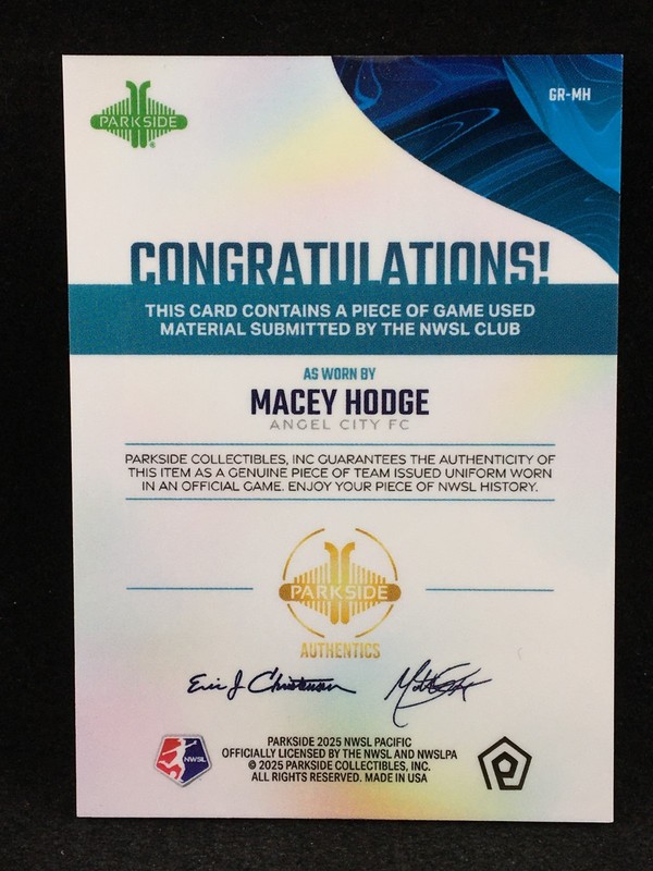 Macey Hodge 2025 Parkside NWSL Pacific GAME USED MATCH WORN Jersey Relic C view 2