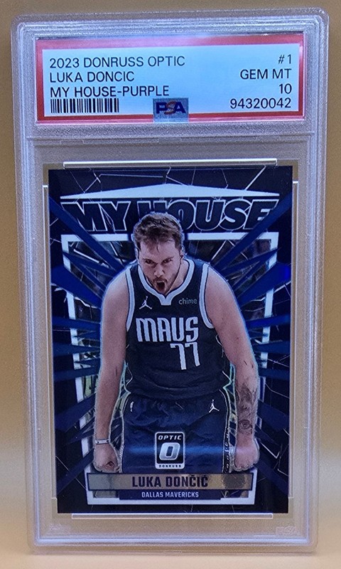 Luka Doncic PSA 10 Low Pop 2023-24 Panini Donruss Optic My House Purple Prizm #1