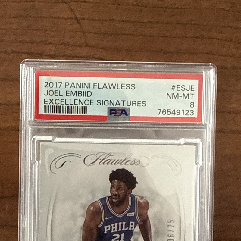 2017-18 Panini Flawless Joel Embiid Silver Excellence Signatures Auto 6/25 PSA 8 view 2