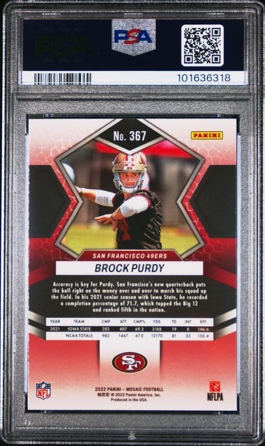 2022 Panini Mosaic Football Brock Purdy Rookie Card No 367 PSA MINT 9 view 2