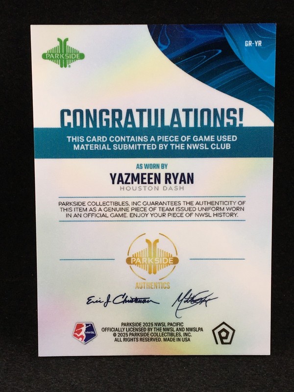 Yazmeen Ryan 2025 Parkside NWSL Pacific GAME USED MATCH WORN Jersey Relic B view 2