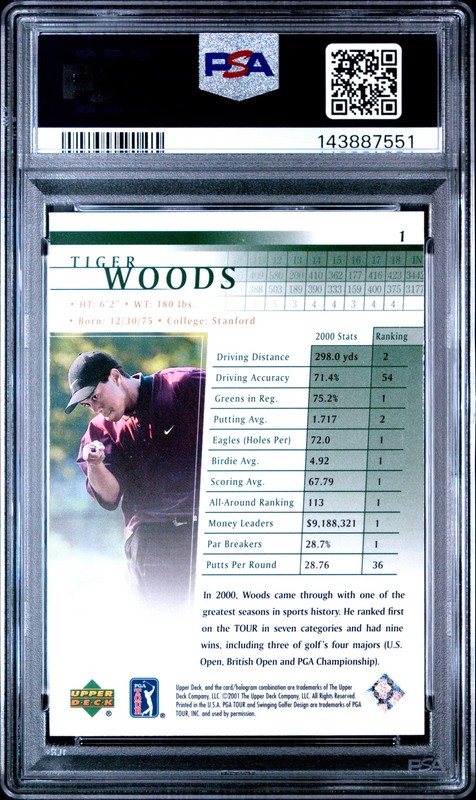 2001 Upper Deck Golf #1 Tiger Woods PSA 8 view 2