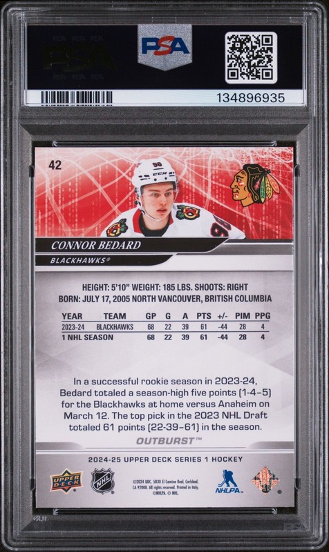 2024 UPPER DECK 42 CONNOR BEDARD OUTBURST PSA 10 GEM MINT view 2