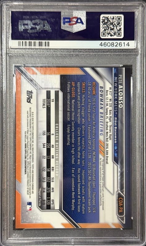 2016 Bowman Draft Chrome 1st Pete Alonso Auto New York Mets #CDA-PA Mint PSA 9 view 2