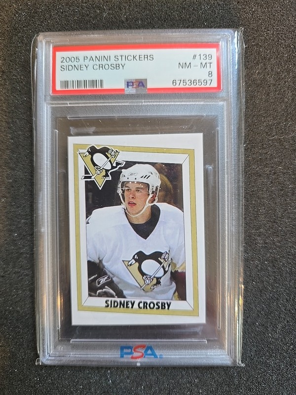 2005 PANINI HOCKEY STICKERS 139 SIDNEY CROSBY ROOKIE CARD PSA 8 NM-MINT PENGUINS