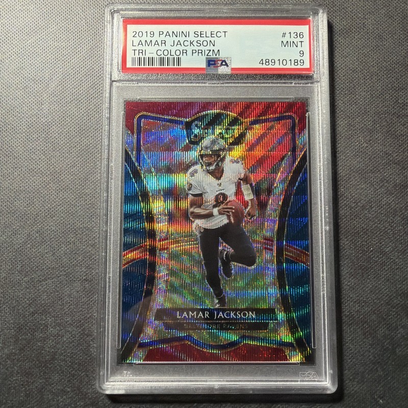 9608 Lamar Jackson 2019 Panini Select Tri Color Prizm Premier Level /199 PSA 9