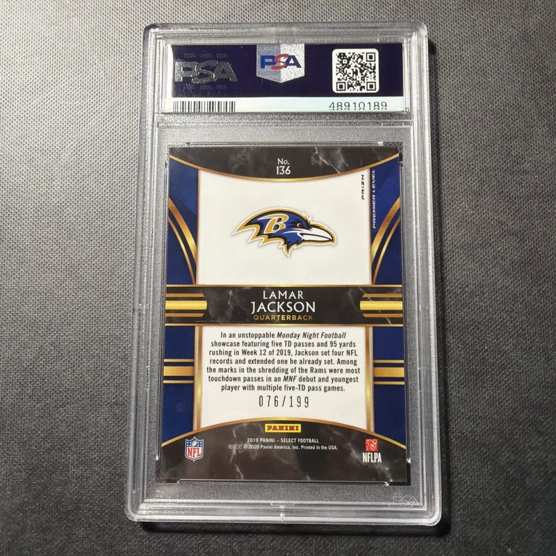 9608 Lamar Jackson 2019 Panini Select Tri Color Prizm Premier Level /199 PSA 9 view 2