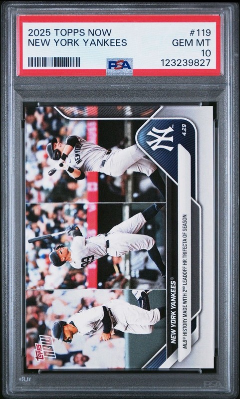 2025 Topps Now Card 119 Grisham/Rice/Judge B2B2B 3 HRs PSA 10