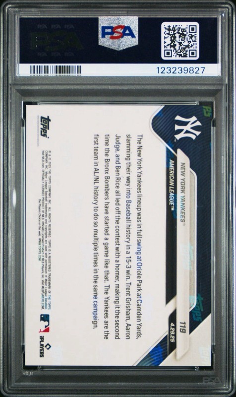 2025 Topps Now Card 119 Grisham/Rice/Judge B2B2B 3 HRs PSA 10 view 2