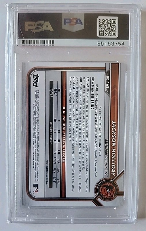 2022 Bowman Draft Jackson Holliday 1st Auto #BD-168 PSA 10 Orioles view 2