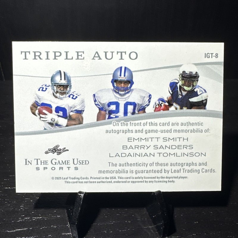 2025 Leaf Game Used Emmitt Smith Barry Sanders Ladainian Tomlinson Auto Patch /8 view 2