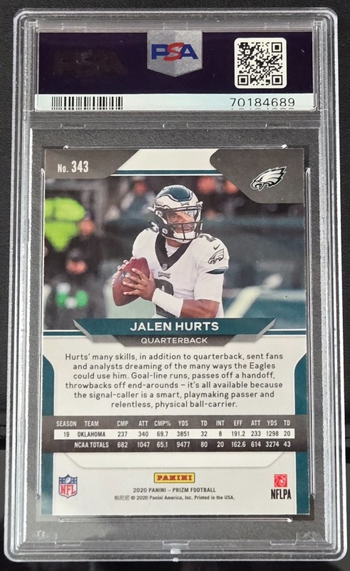 2020 Panini Prizm Jalen Hurts #343 Rookie RC PSA 10 Gem Mint Philadelphia Eagles view 2