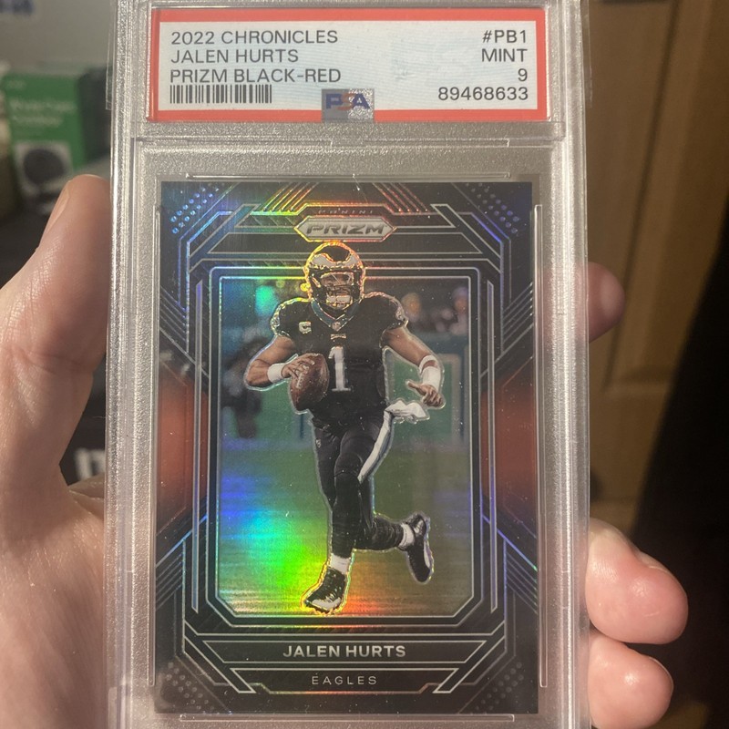 🔥 2022 PANINI CHRONICLES JALEN HURTS PRIZM BLACK RED PRIZM #PB-1  /99🔥PSA 9