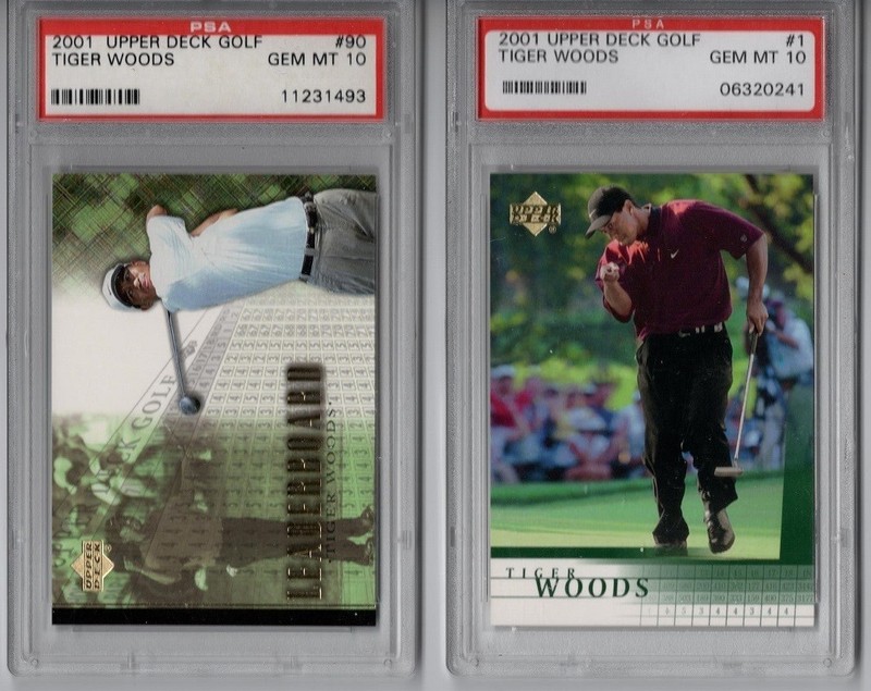 2 GREAT Tiger Woods Iconic Cards 2001 Upper Deck #1 & #90 PSA 10