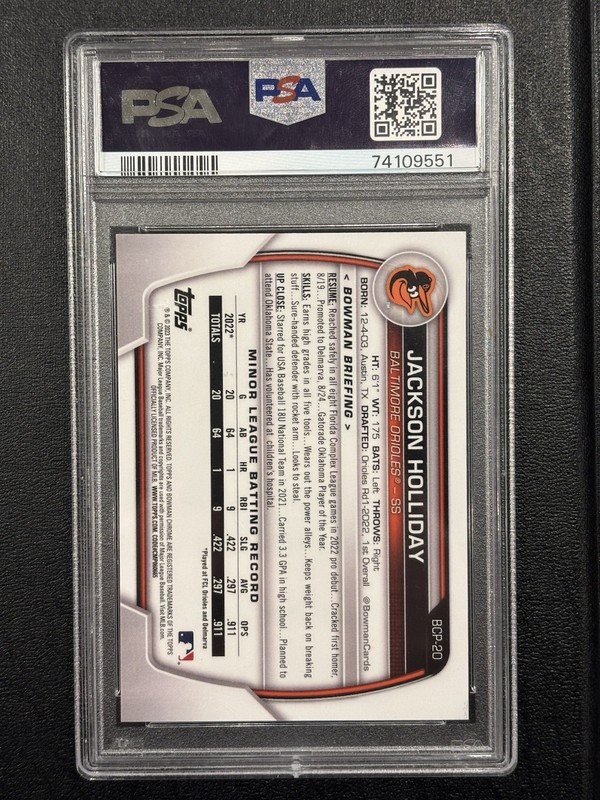 2023 Bowman Jackson Holliday Chrome Prospects Speckle Ref /299 Orioles PSA 10 view 2