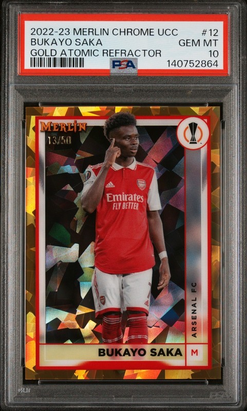 2022-23 Merlin Chrome Bukayo Saka PSA 10 Atomic Gold Refractor /50 #12 Arsenal