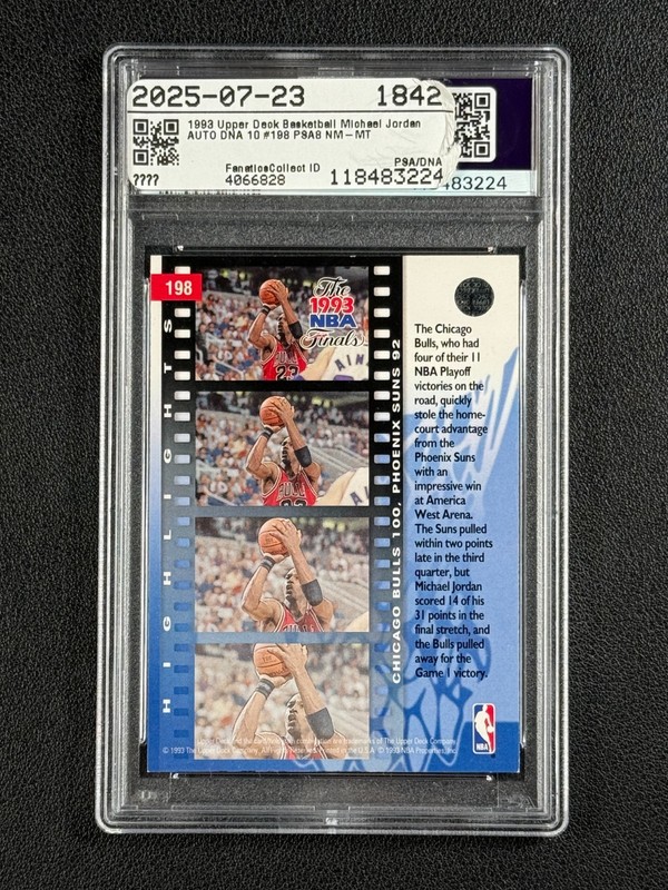 MICHAEL JORDAN PSA 8 DNA 10 AUTO 1993 UPPER DECK #198 THE NBA FINALS AUTOGRAPH view 2