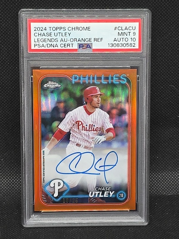 2024 Topps Chrome Chase Utley Legends Orange Auto 18/25 PSA 9 Auto 10 Phillies 