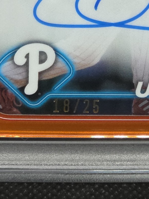 2024 Topps Chrome Chase Utley Legends Orange Auto 18/25 PSA 9 Auto 10 Phillies view 2