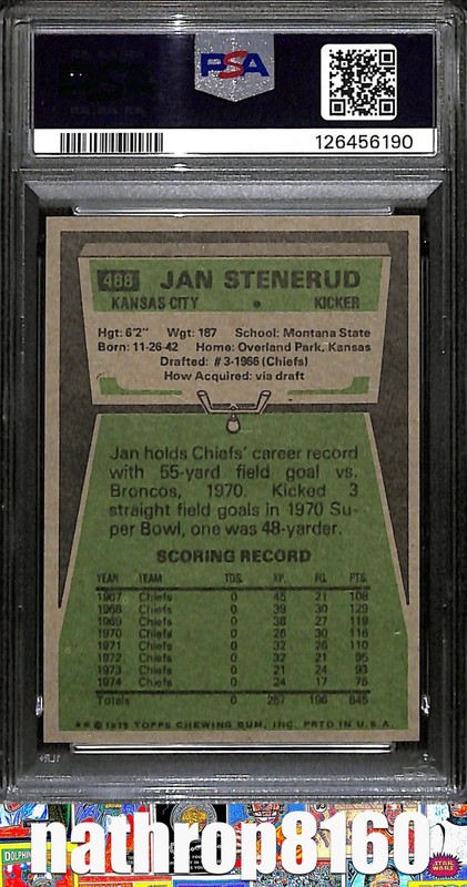 1975 Topps Football Card #488 Jan Stenerud HOF Kansas City Chiefs PSA 9 13335 view 2