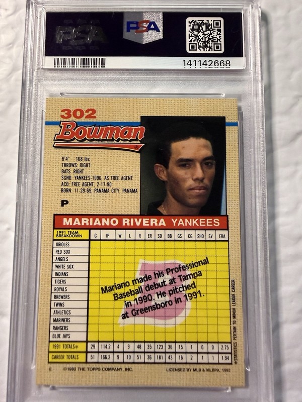 1992 BOWMAN #302 MARIANO RIVERA PSA 9 MINT RC ROOKIE HOF view 2