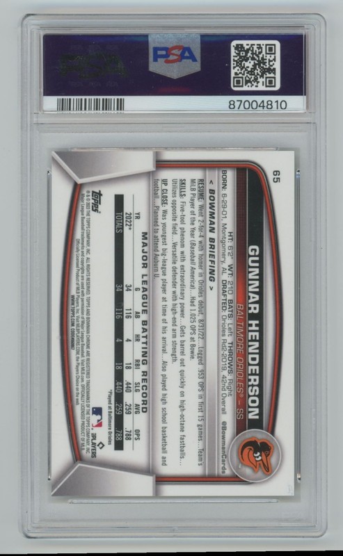 2023 Bowman Mega Gunnar Henderson Rookie 26/50 Baltimore Orioles #65 PSA 10 view 2
