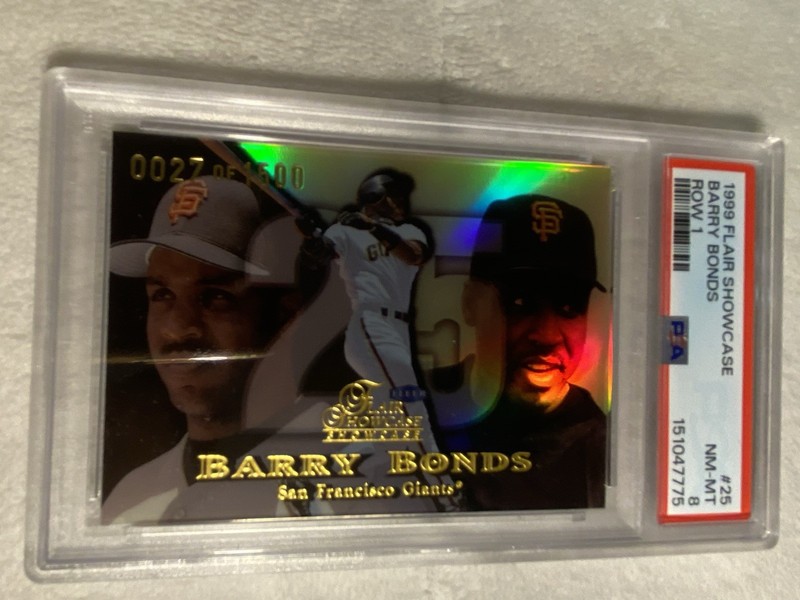1999 Fleer Flair Showcase Row 1 Barry Bonds Numbered /1500 Graded PSA 8 NM-MT view 2