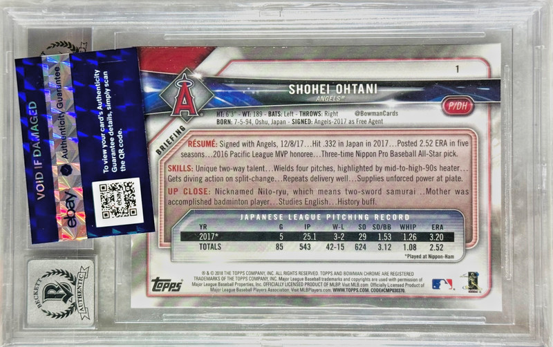Shohei Ohtani 2018 Bowman Chrome  Rookie Autographs #1 BGS 8.5 BAS 9 view 2
