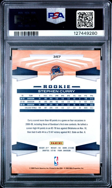 2009 Panini Stephen Curry #357 PSA 9 view 2