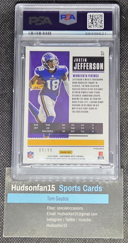 Justin Jefferson 2020 Panini Contenders Optic Rookie Ticket #86 Blue 9/99 PSA 10 view 2
