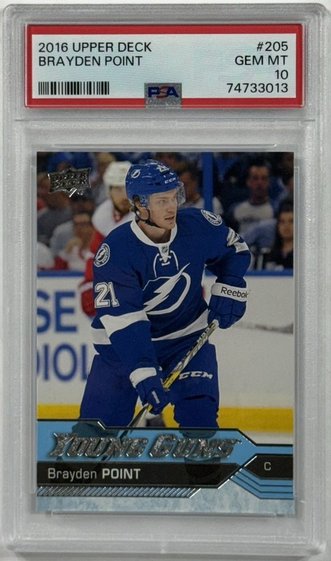2016-17 Upper Deck Series 1 Young Guns PSA 10 GEM MT #205 Brayden Point (a) view 1