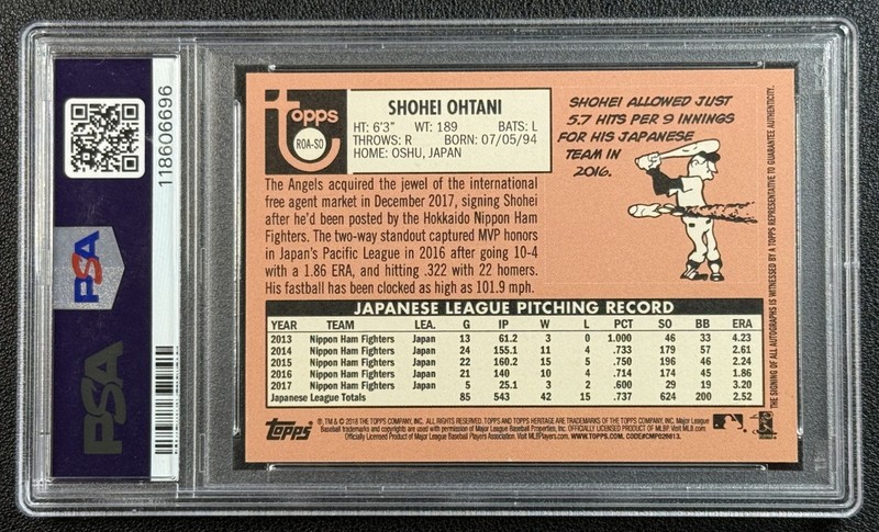 SHOHEI OHTANI PSA 8 2018 TOPPS HERITAGE #ROA-SO REAL ONE ROOKIE 10 AUTO RC 6696 view 2