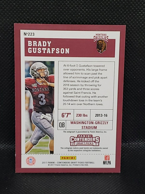 Brady Gustafson 2017 Panini Contenders Draft Picks Rookie Auto #223 NrMt view 2