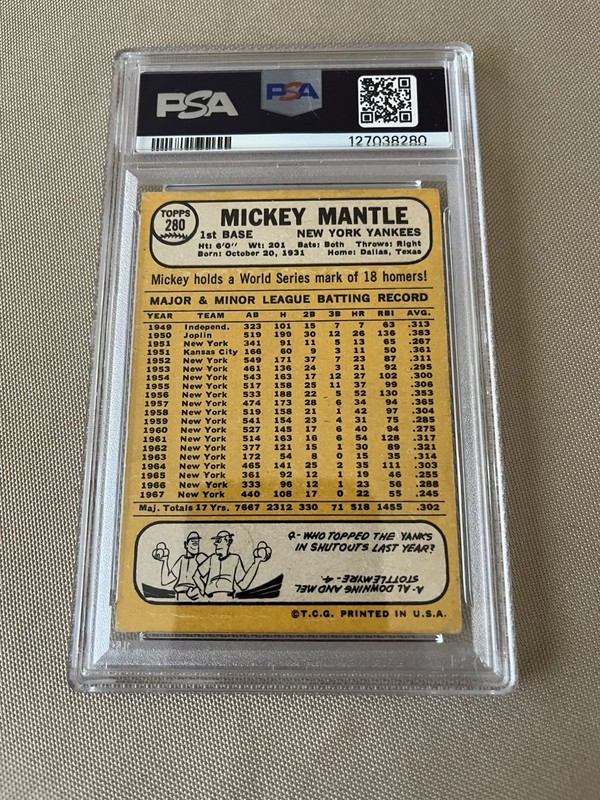 1968 Topps Baseball, Mickey Mantle #280. HOF, NY Yankees, PSA  Graded 2 , Good view 2