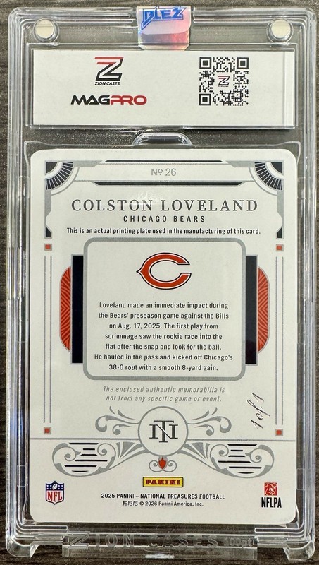 Colston Loveland 2025 National Treasures Rookie Printing Plate 1/1 Dual Patch view 2