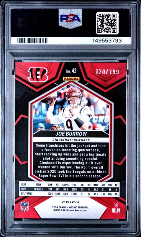 2024 PANINI MOSAIC ORANGE #43 JOE BURROW 120/199 PSA 8 view 2